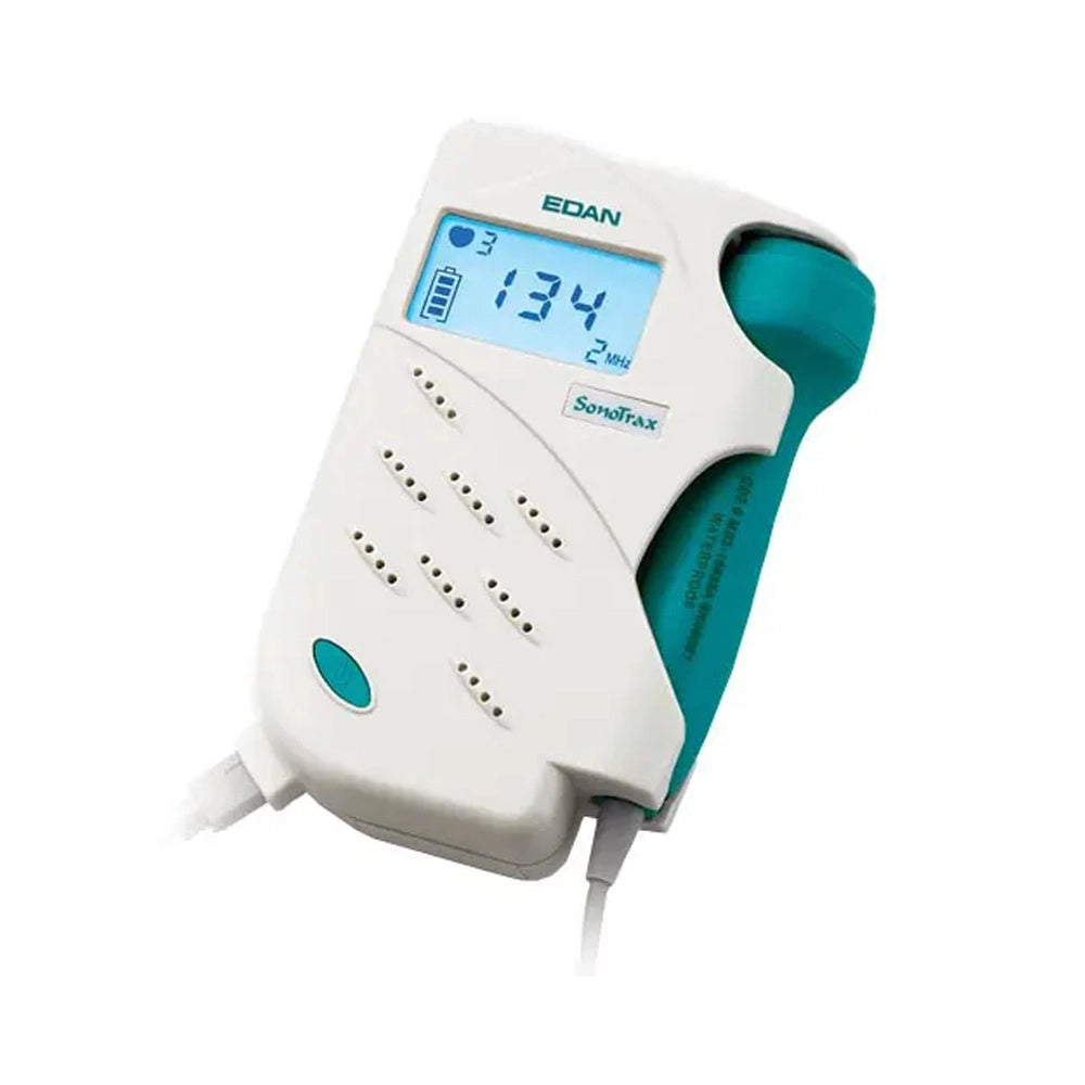 An EDAN SoniFax portable pulse oximeter in white and teal, featuring a digital LCD screen showing a reading of 134 and a white cable extending from the bottom.
