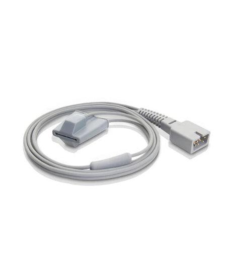 A light gray medical monitoring cable with a pulse oximeter sensor and a multi-pin connector, shown on a clean white background.