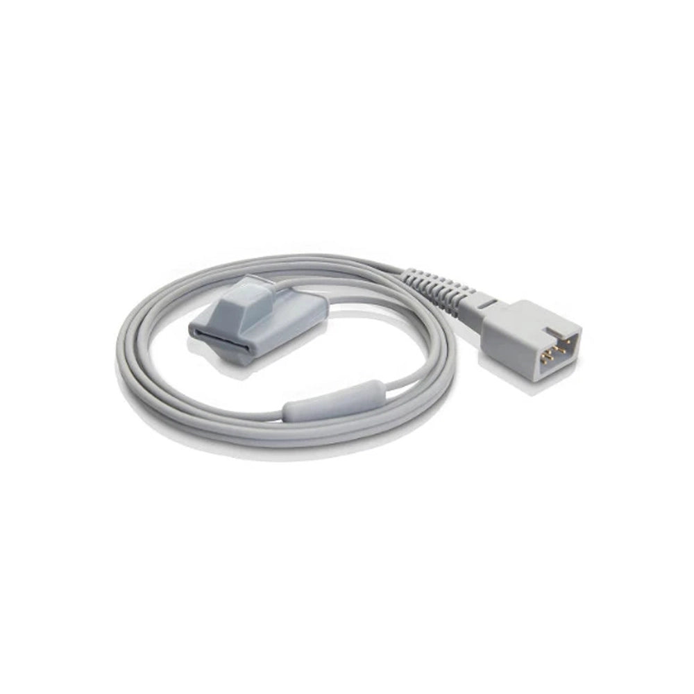 A light gray medical monitoring cable with a pulse oximeter sensor and a multi-pin connector, shown on a clean white background.