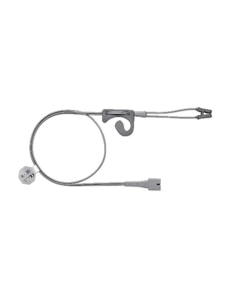 A stainless steel and gray electrical test lead with a spring-loaded clip, a circular loop wire, and a connector plug, shown on a plain white background.