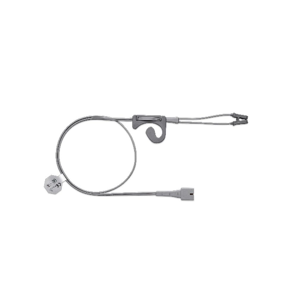 A stainless steel and gray electrical test lead with a spring-loaded clip, a circular loop wire, and a connector plug, shown on a plain white background.