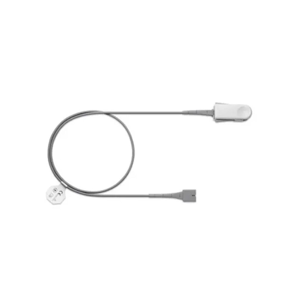 A silver metal cable assembly with a coiled loop, a small connector plug, and a larger rectangular clip-like end, shown on a plain white background.