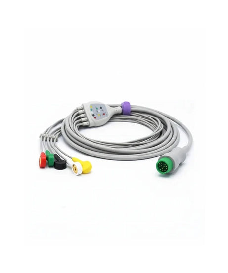 An ECG/ECG lead cable with a coiled gray cable, a central control module, and various colored connector plugs including green, red, black, yellow, and purple, shown on a plain white background.