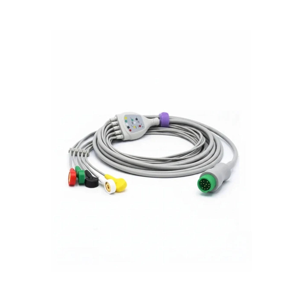 An ECG/ECG lead cable with a coiled gray cable, a central control module, and various colored connector plugs including green, red, black, yellow, and purple, shown on a plain white background.