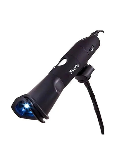 A black Firefly handheld flashlight with a built-in clip and cord, shown on a plain white background with its light turned on.