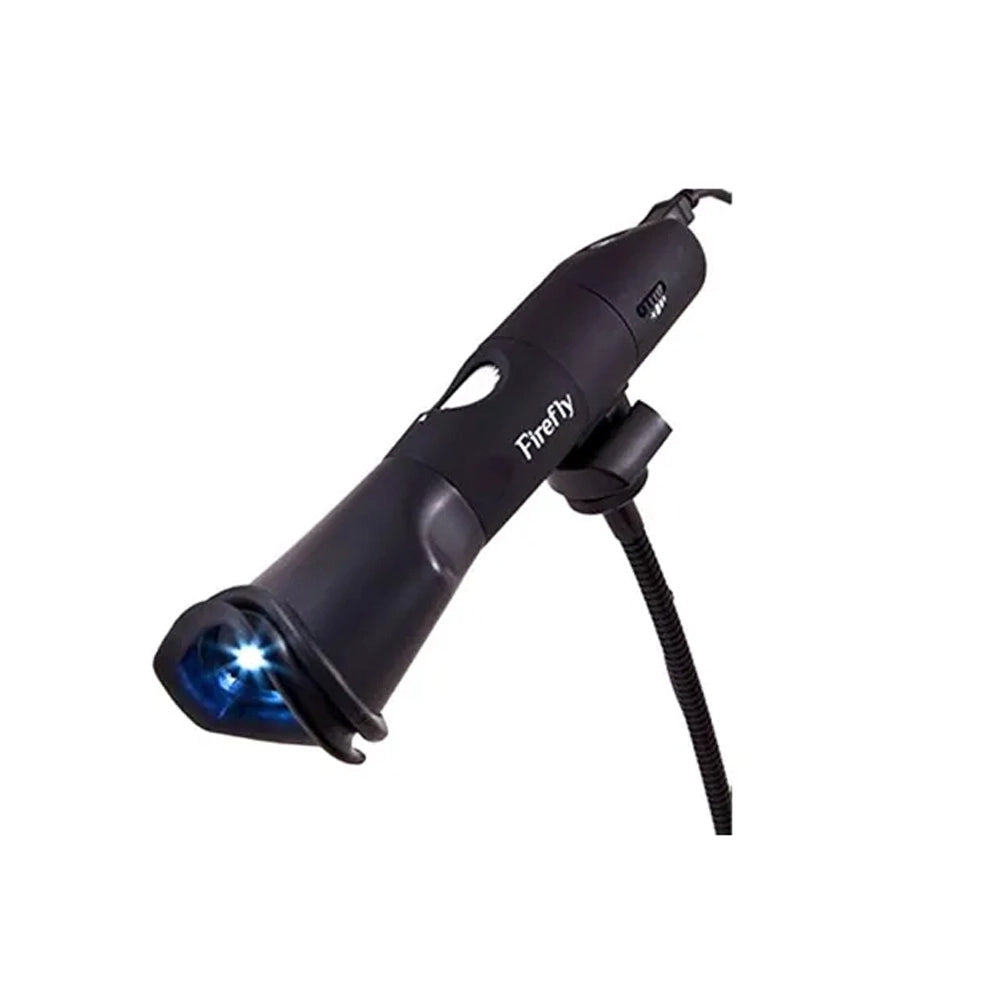 A black Firefly handheld flashlight with a built-in clip and cord, shown on a plain white background with its light turned on.