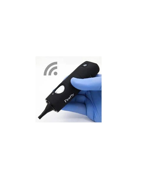 A black handheld electronic device with a flexible tip, held by a hand wearing a blue nitrile glove. The device has a white logo that reads 'Preefly' and a white oval cutout.