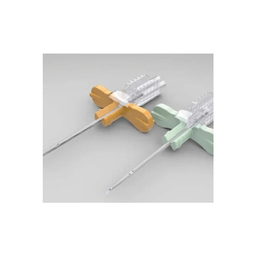 Two medical needle assemblies with clear plastic barrels, one featuring a yellow cross-shaped handle and the other with a mint green cross-shaped handle, shown on a light gray background.