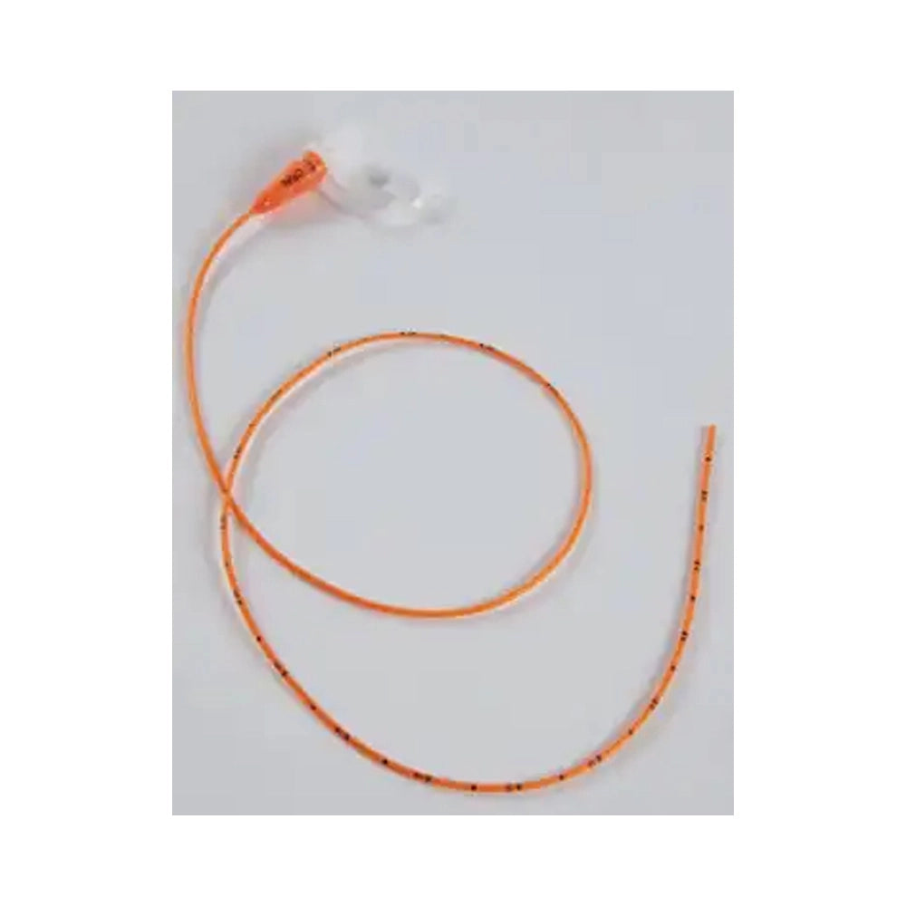 An orange and white medical tube or catheter with a clear plastic tip, coiled on a light gray background.