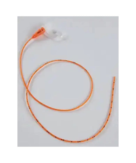 An orange and white medical tube or catheter with a clear plastic tip, coiled on a light gray background.