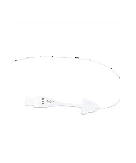 A PICC (Peripherally Insertable Central Catheter) style connector piece with a thin, flexible wire extending from it, shown on a plain white background. The connector is white with black printed text reading 'PICC' and 'LVE'.