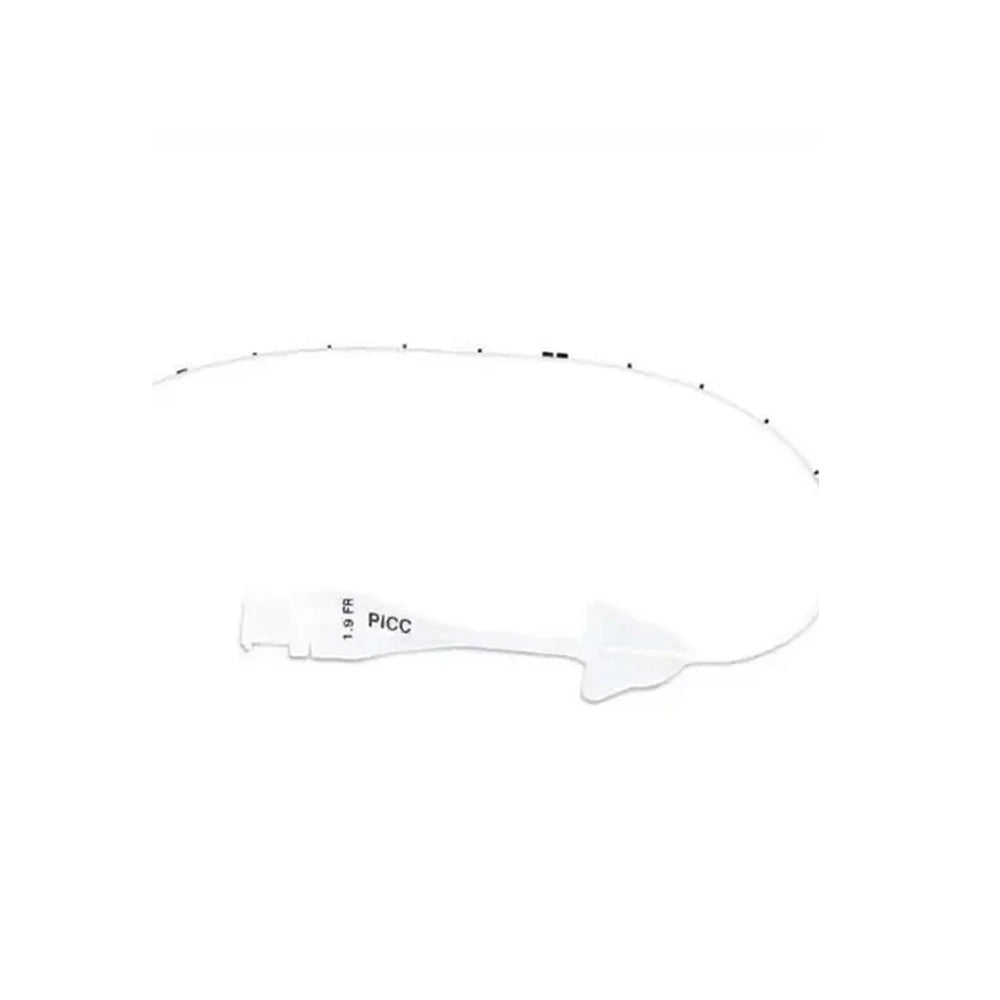 A PICC (Peripherally Insertable Central Catheter) style connector piece with a thin, flexible wire extending from it, shown on a plain white background. The connector is white with black printed text reading 'PICC' and 'LVE'.