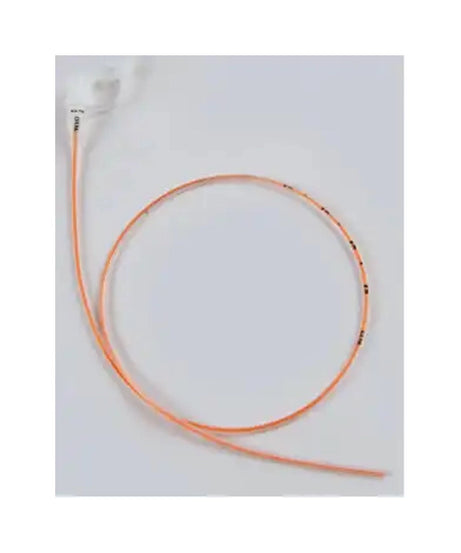 An orange fiber optic cable with a white connector plug, coiled on a light gray background.