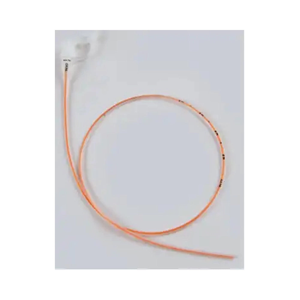 An orange fiber optic cable with a white connector plug, coiled on a light gray background.