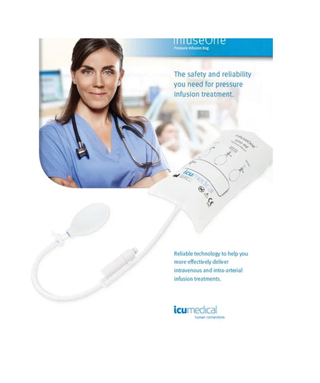 A medical pressure infusion bag with attached tubing and a round inflation bulb, shown on a white background with promotional text and a photo of a healthcare worker in blue scrubs. The brand name icu medical is visible at the bottom.
