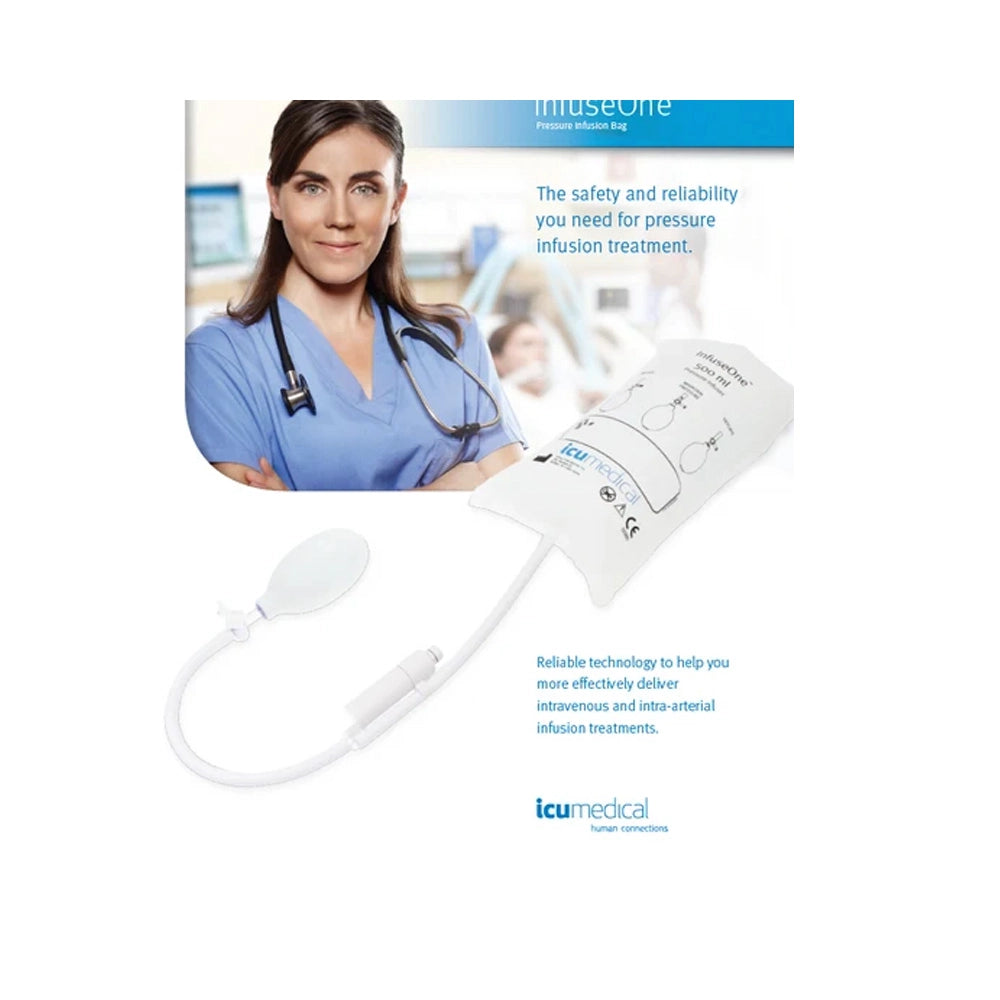 A medical pressure infusion bag with attached tubing and a round inflation bulb, shown on a white background with promotional text and a photo of a healthcare worker in blue scrubs. The brand name icu medical is visible at the bottom.