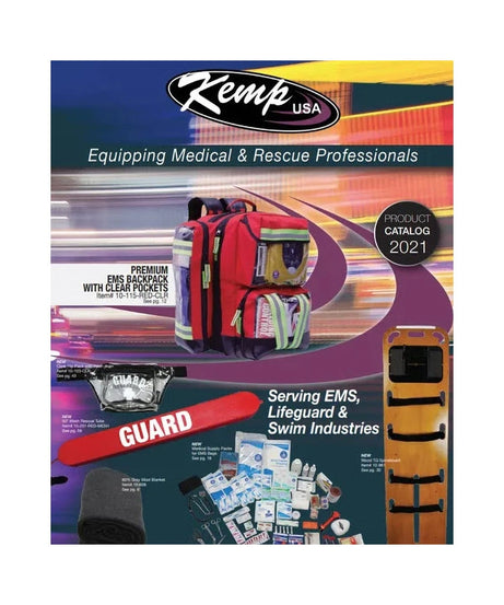 A printed catalog cover for Kemp USA Medical & Rescue equipment, showing multiple product photos and text including 'Equipping Medical & Rescue Professionals,' '2021 Catalog,' and 'Premium EMS Backpack with Clear Pockets.' This is not a clean single-product photo, not a person-in-environment lifestyle shot, and not an instruction/measurement/color auxiliary image; it is a digital/catalog preview, so subject_type is Other.