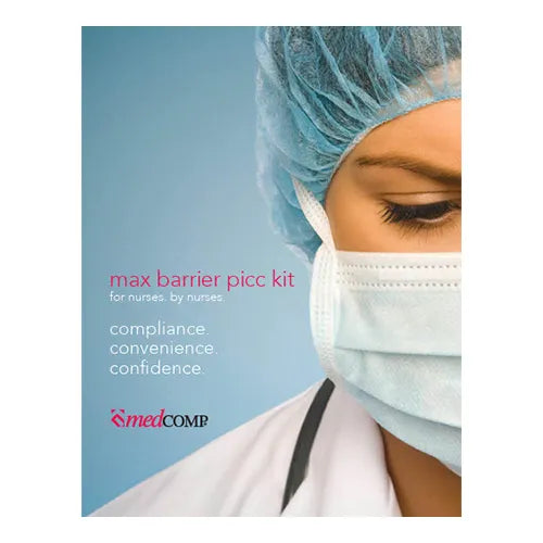Person wearing surgical gear with 'medCOMP' branding and text about a max barrier pic kit catalog.