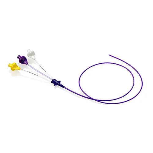 Medical device with purple tubing and connectors on a white background