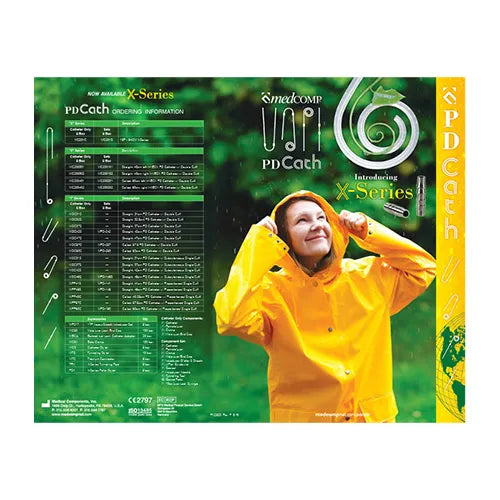 Product advertisement for SmedComp PD Cath with a person in a yellow raincoat against a green background