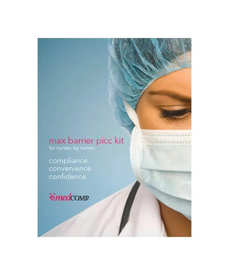 Person wearing surgical gear with 'medCOMP' branding and text about a max barrier pic kit catalog.