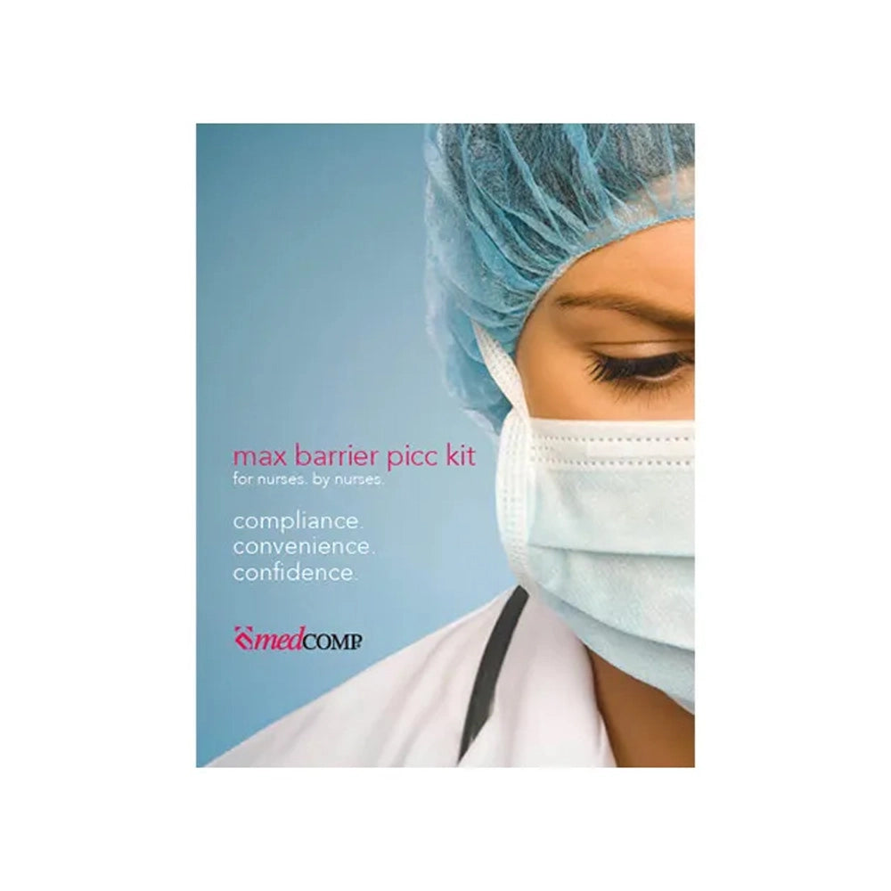Person wearing surgical gear with 'medCOMP' branding and text about a max barrier pic kit catalog.
