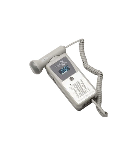 A gray handheld medical ultrasound probe with a coiled gray cable, featuring a digital display screen and control buttons on the front, isolated on a white background.