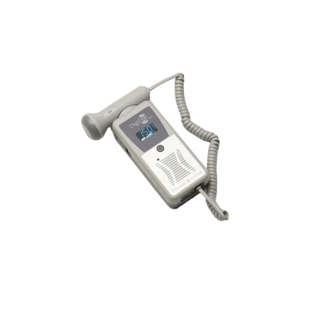 A gray handheld medical ultrasound probe with a coiled gray cable, featuring a digital display screen and control buttons on the front, isolated on a white background.