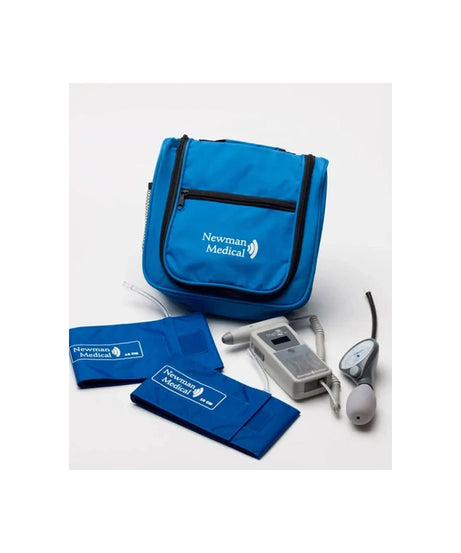 A blue blood pressure monitor kit with a carrying bag, two arm bands, a digital monitor unit, and a bulb, all branded Newman Medical on a light gray background.