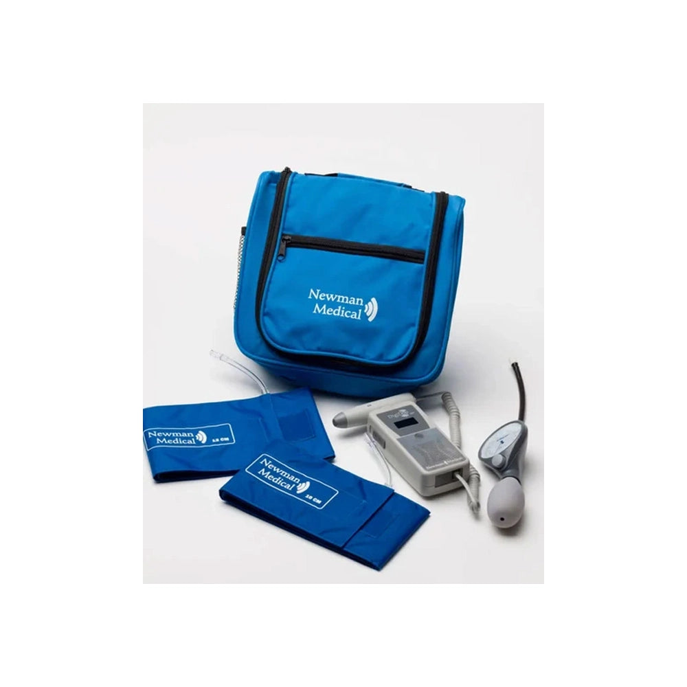 A blue blood pressure monitor kit with a carrying bag, two arm bands, a digital monitor unit, and a bulb, all branded Newman Medical on a light gray background.