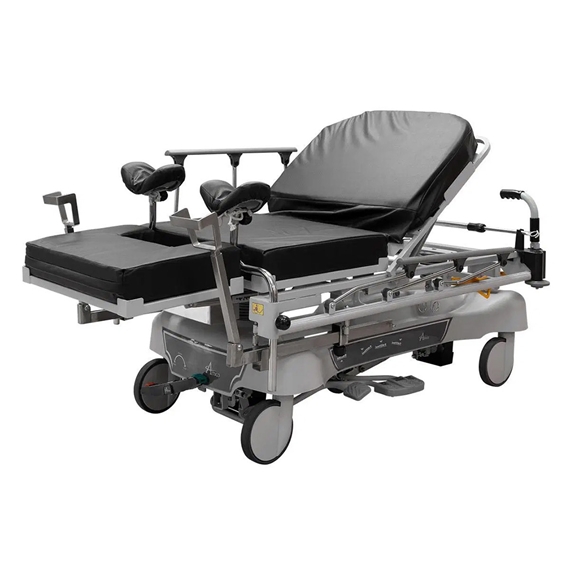 A Titan OBGYN Stretcher with leg and rest and railing up